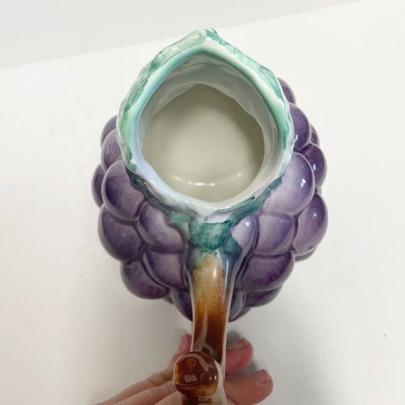 Vintage Ceramic Grape-Shaped Pitcher With Leaf Spout & Wooden-Style Handle - Picture 9 of 12